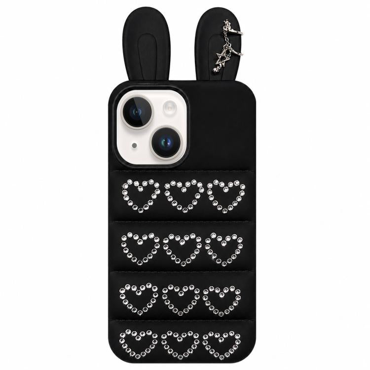 Custodia per telefono in TPU con orecchie da coniglio e cuori di strass, giacca imbottita, For iPhone 15 / 14, For iPhone 14 Pro, For iPhone 14 Pro Max, For iPhone 13 Pro Max