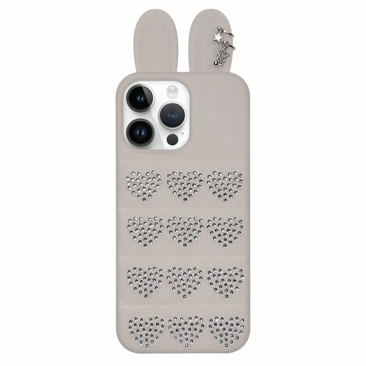 Custodia per telefono in TPU con orecchie da coniglio e cuori di strass, giacca imbottita, For iPhone 15 / 14, For iPhone 14 Pro, For iPhone 14 Pro Max, For iPhone 13 Pro Max