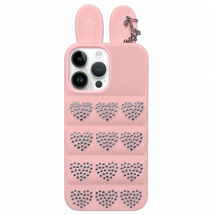 Custodia per telefono in TPU con orecchie da coniglio e cuori di strass, giacca imbottita, For iPhone 15 / 14, For iPhone 14 Pro, For iPhone 14 Pro Max, For iPhone 13 Pro Max