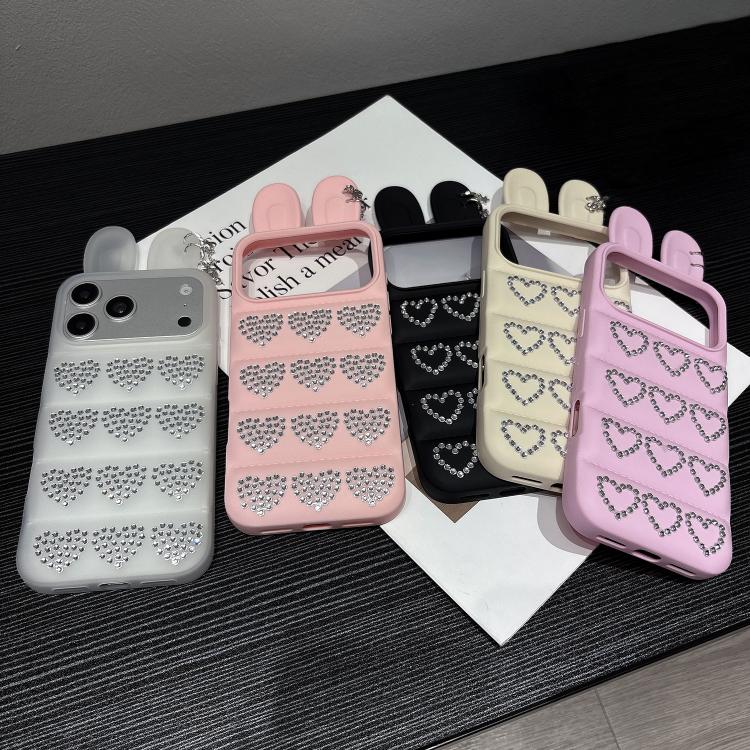 Custodia per telefono in TPU con orecchie da coniglio e cuori di strass, giacca imbottita, For iPhone 12 Pro Max
