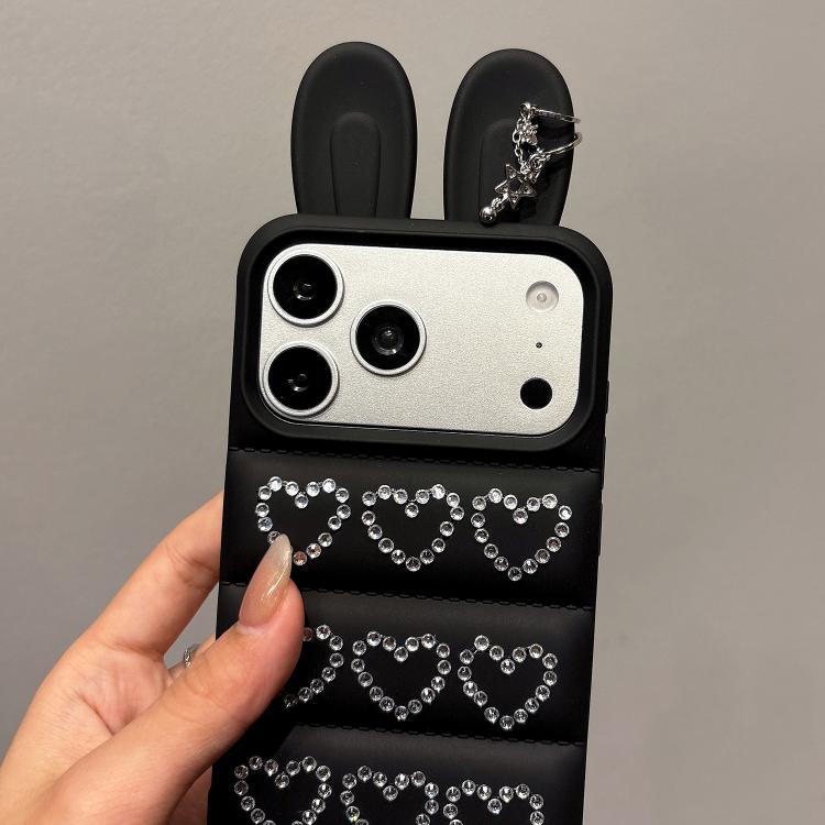 Custodia per telefono in TPU con orecchie da coniglio e cuori di strass, giacca imbottita, For iPhone 16 Pro, For iPhone 16, For iPhone 15 Pro Max, For iPhone 15 Pro