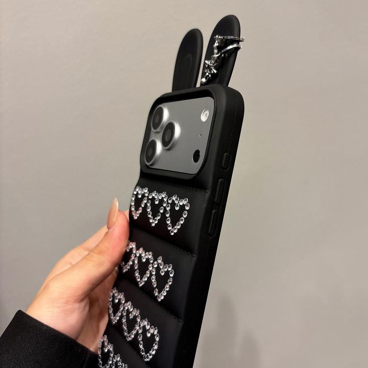 Custodia per telefono in TPU con orecchie da coniglio e cuori di strass, giacca imbottita, For iPhone 12 Pro Max