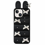 Custodia per telefono in TPU con design a orecchie di coniglio e fiocco in raso, giacca imbottita., For iPhone 15 / 14, For iPhone 14 Pro, For iPhone 14 Pro Max, For iPhone 13 Pro Max, For iPhone 12 Pro Max