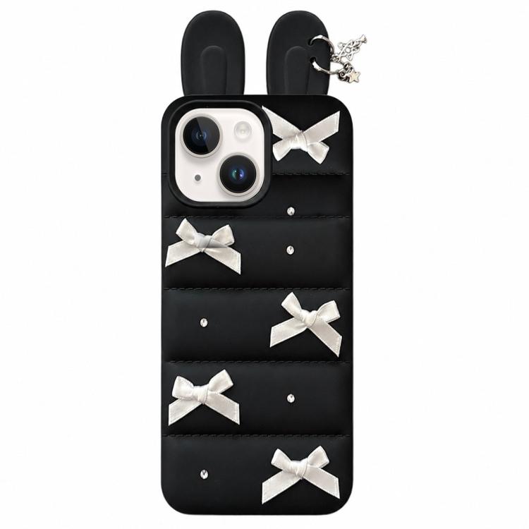 Custodia per telefono in TPU con design a orecchie di coniglio e fiocco in raso, giacca imbottita., For iPhone 15 / 14, For iPhone 14 Pro, For iPhone 14 Pro Max, For iPhone 13 Pro Max, For iPhone 12 Pro Max