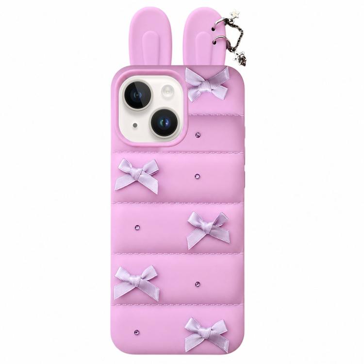 Custodia per telefono in TPU con design a orecchie di coniglio e fiocco in raso, giacca imbottita., For iPhone 15 / 14, For iPhone 14 Pro, For iPhone 14 Pro Max, For iPhone 13 Pro Max, For iPhone 12 Pro Max