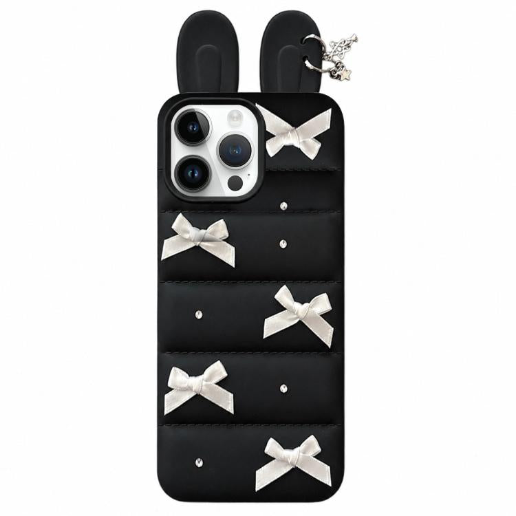 Custodia per telefono in TPU con design a orecchie di coniglio e fiocco in raso, giacca imbottita., For iPhone 15 / 14, For iPhone 14 Pro, For iPhone 14 Pro Max, For iPhone 13 Pro Max, For iPhone 12 Pro Max