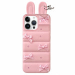 Custodia per telefono in TPU con design a orecchie di coniglio e fiocco in raso, giacca imbottita., For iPhone 15 / 14, For iPhone 14 Pro, For iPhone 14 Pro Max, For iPhone 13 Pro Max, For iPhone 12 Pro Max