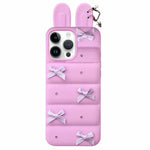 Custodia per telefono in TPU con design a orecchie di coniglio e fiocco in raso, giacca imbottita., For iPhone 15 / 14, For iPhone 14 Pro, For iPhone 14 Pro Max, For iPhone 13 Pro Max, For iPhone 12 Pro Max