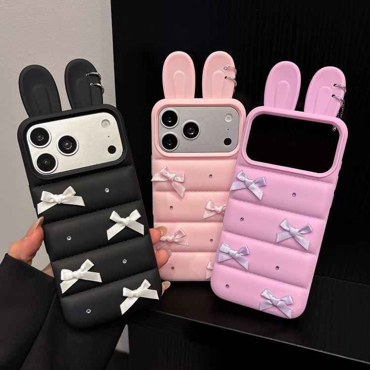 Custodia per telefono in TPU con design a orecchie di coniglio e fiocco in raso, giacca imbottita., For iPhone 15 / 14, For iPhone 14 Pro, For iPhone 14 Pro Max, For iPhone 13 Pro Max, For iPhone 12 Pro Max
