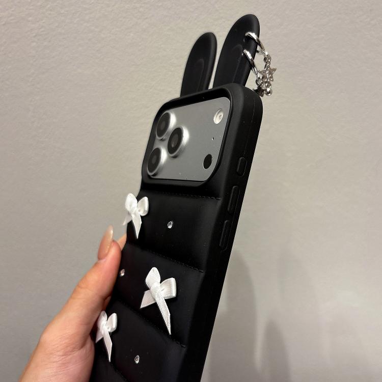 Custodia per telefono in TPU con design a orecchie di coniglio e fiocco in raso, giacca imbottita., For iPhone 15 / 14, For iPhone 14 Pro, For iPhone 14 Pro Max, For iPhone 13 Pro Max, For iPhone 12 Pro Max