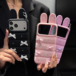 Custodia per telefono in TPU con design a orecchie di coniglio e fiocco in raso, giacca imbottita., For iPhone 15 / 14, For iPhone 14 Pro, For iPhone 14 Pro Max, For iPhone 13 Pro Max, For iPhone 12 Pro Max