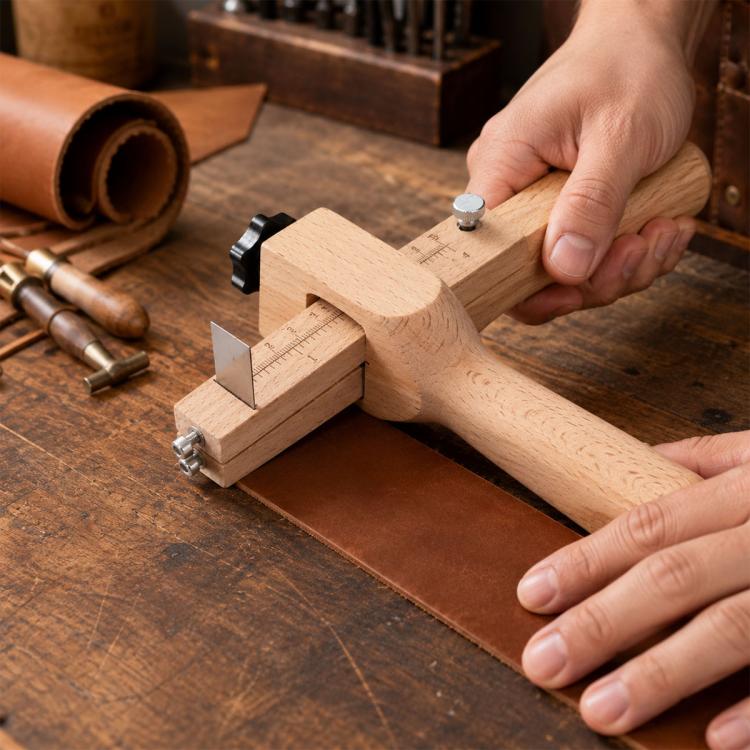 Tagliacinture in pelle con manico in legno regolabile