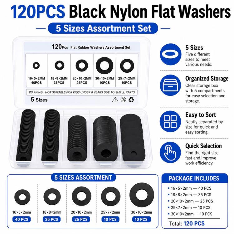 Rondelle piatte in nylon nero isolanti 120 pezzi