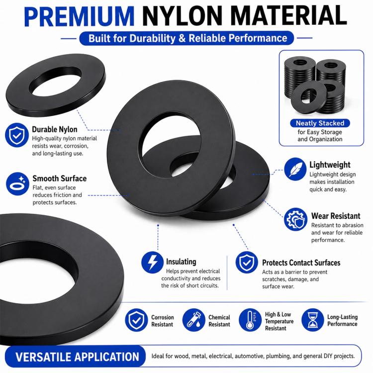 Rondelle piatte in nylon nero isolanti 120 pezzi