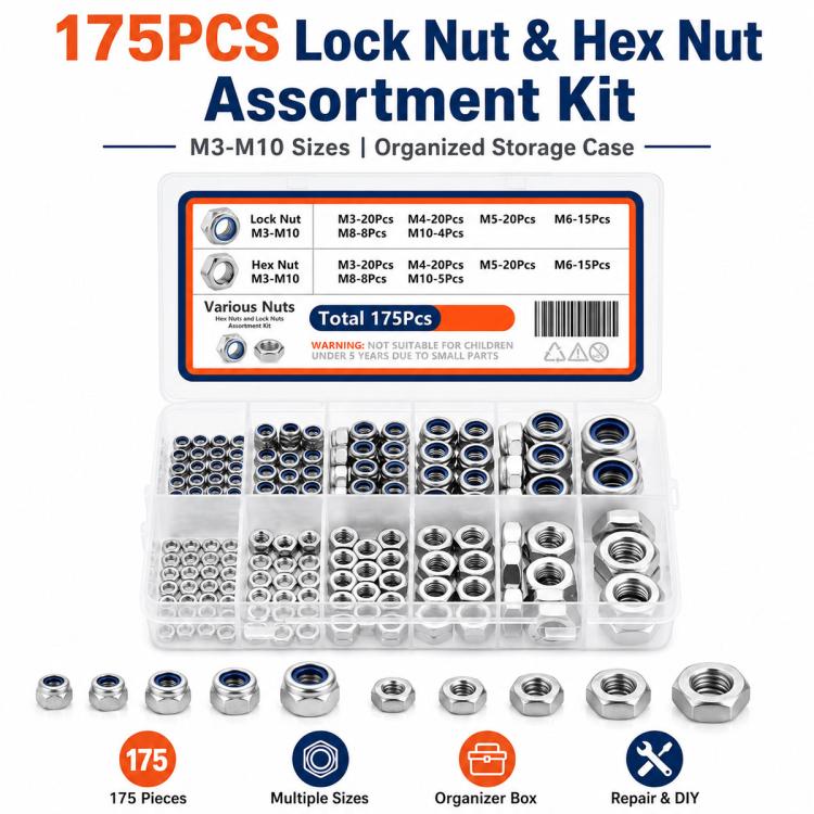 Set di 175 dadi di bloccaggio e tappi esagonali, M8 175PCS