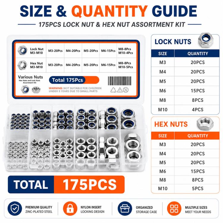 Set di 175 dadi di bloccaggio e tappi esagonali, M8 175PCS