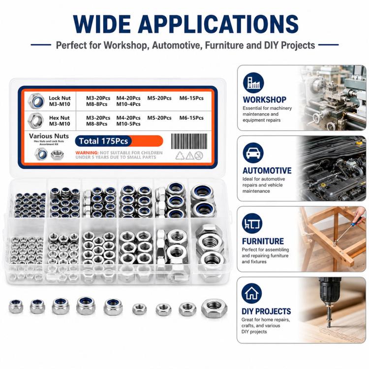 Set di 175 dadi di bloccaggio e tappi esagonali, M8 175PCS