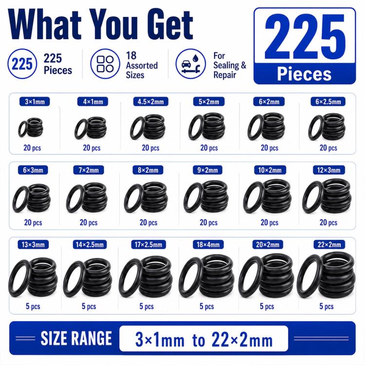 Kit 225 anelli di gomma O-ring in NBR per riparazioni