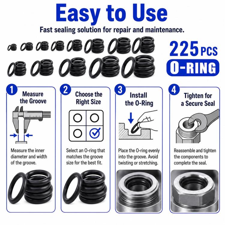 Kit 225 anelli di gomma O-ring in NBR per riparazioni