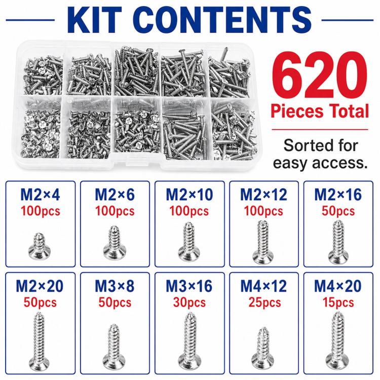 Viti autofilettanti M2, 620 pezzi/set