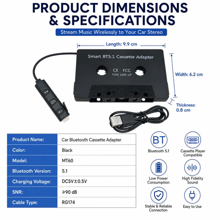 Convertitore da MP3 a cassetta per auto con Bluetooth 5.1