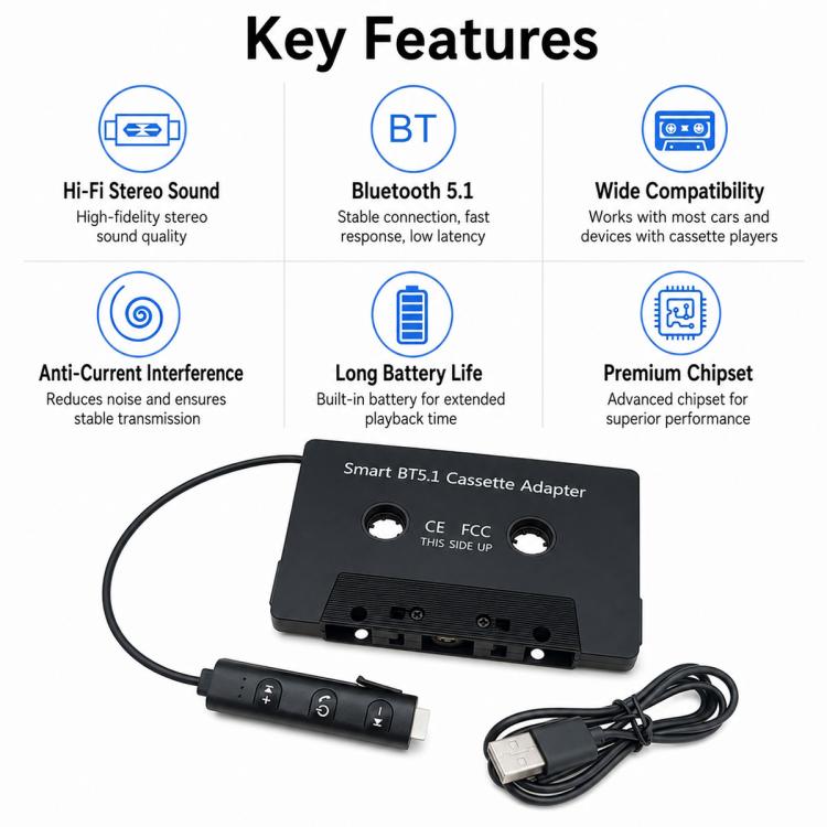 Convertitore da MP3 a cassetta per auto con Bluetooth 5.1