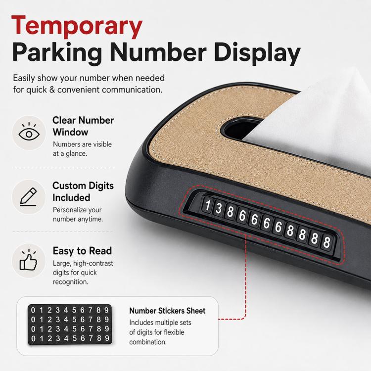 Porta fazzoletti da auto con cartellino con numero di telefono per parcheggio temporaneo, Suede Reflective