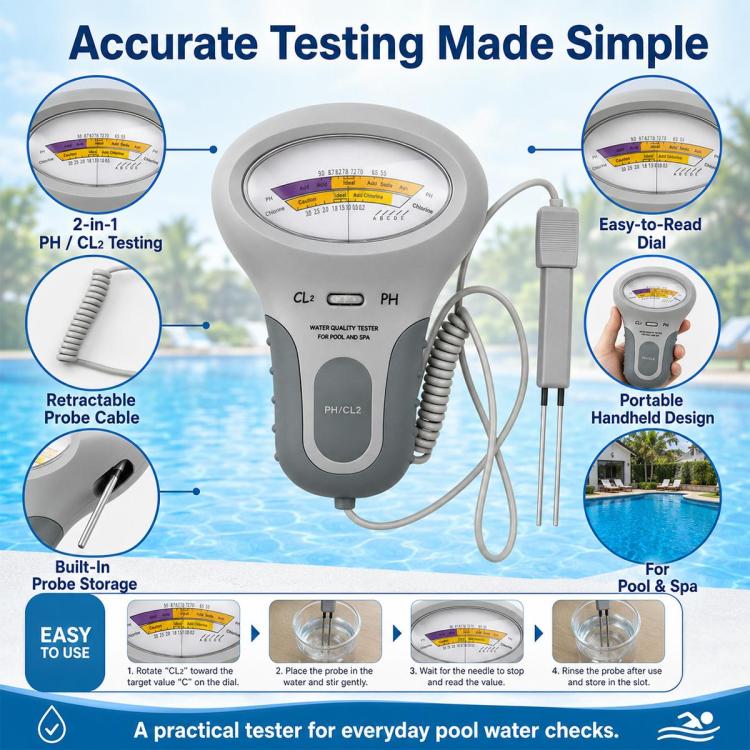 Tester portatile 2 in 1 per la qualità dell'acqua della piscina e il pH, 2 in 1