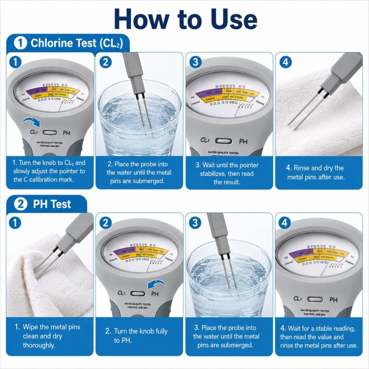 Tester portatile 2 in 1 per la qualità dell'acqua della piscina e il pH, 2 in 1