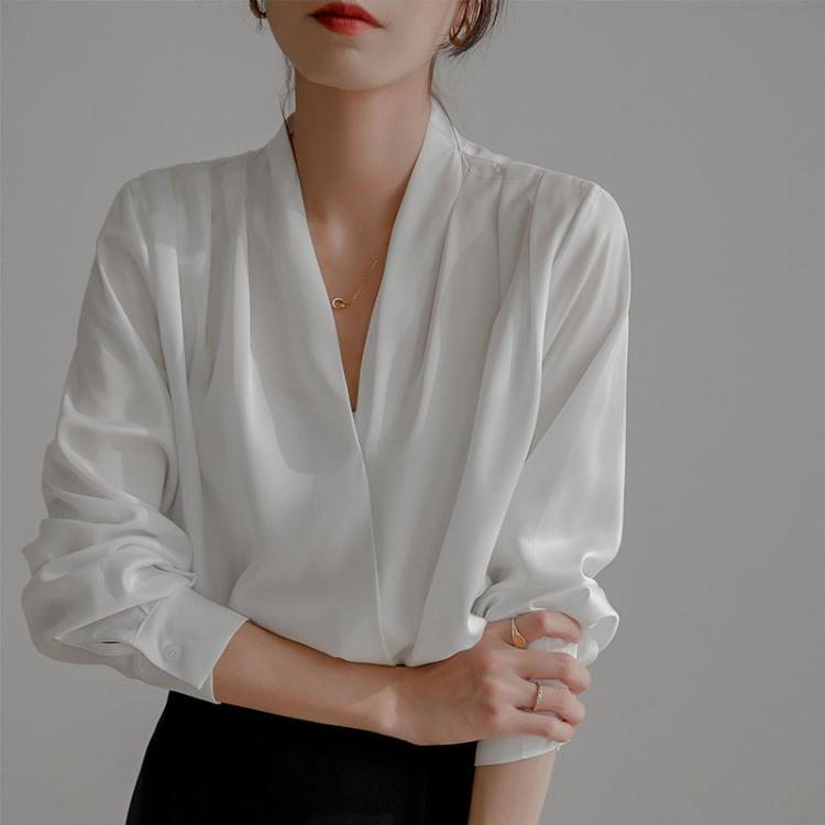 Camicetta donna in raso con scollo a V, XXL