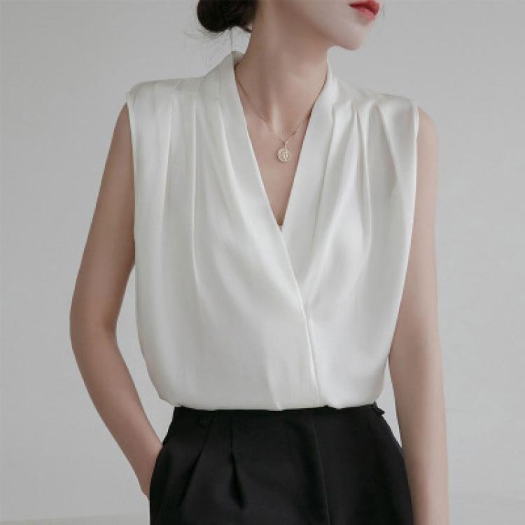Camicetta donna in raso con scollo a V, XXL