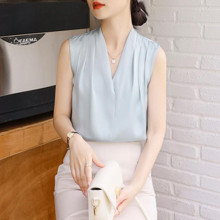 Camicetta donna in raso con scollo a V, XXL