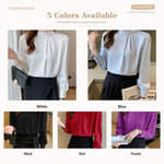 Camicetta donna in chiffon maniche lunghe collo alto perle