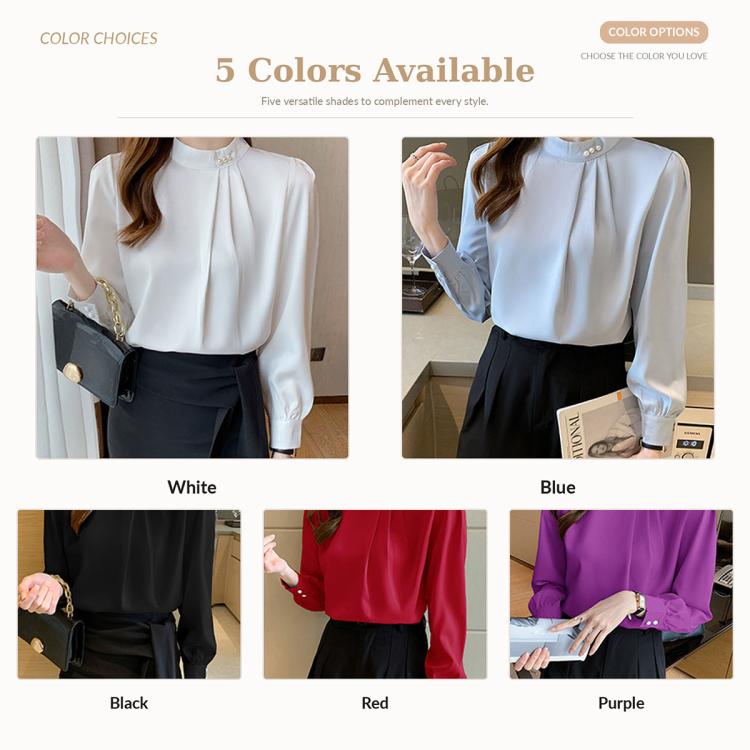 Camicetta donna in chiffon maniche lunghe collo alto perle