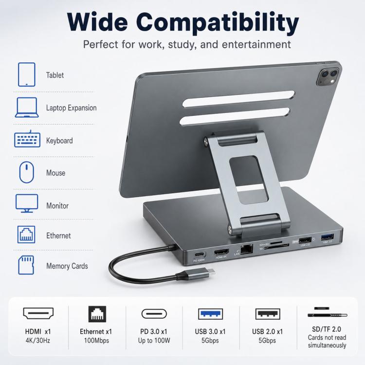 Blueendless ST706 7 in 1 Docking station multifunzionale 4K 30Hz con supporto per tablet, ST706