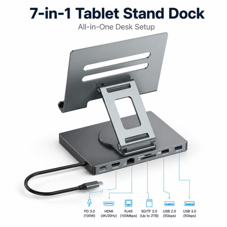 Blueendless ST706A 7 in 1 4K 30Hz Docking station multifunzionale con supporto per tablet girevole a 360 gradi, ST706A