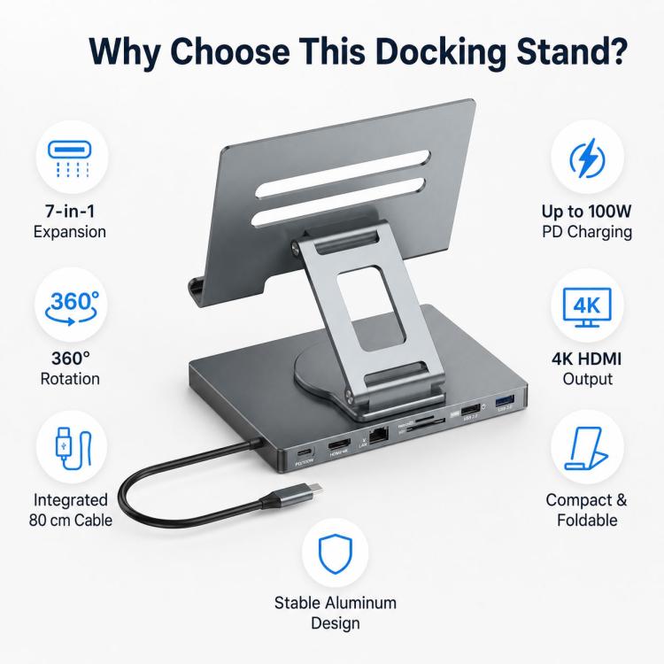 Blueendless ST706A 7 in 1 4K 30Hz Docking station multifunzionale con supporto per tablet girevole a 360 gradi, ST706A