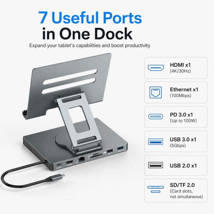 Blueendless ST706A 7 in 1 4K 30Hz Docking station multifunzionale con supporto per tablet girevole a 360 gradi, ST706A