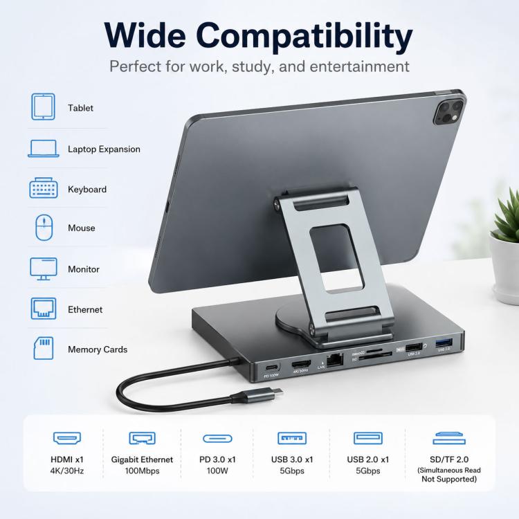 Blueendless ST706A 7 in 1 4K 30Hz Docking station multifunzionale con supporto per tablet girevole a 360 gradi, ST706A
