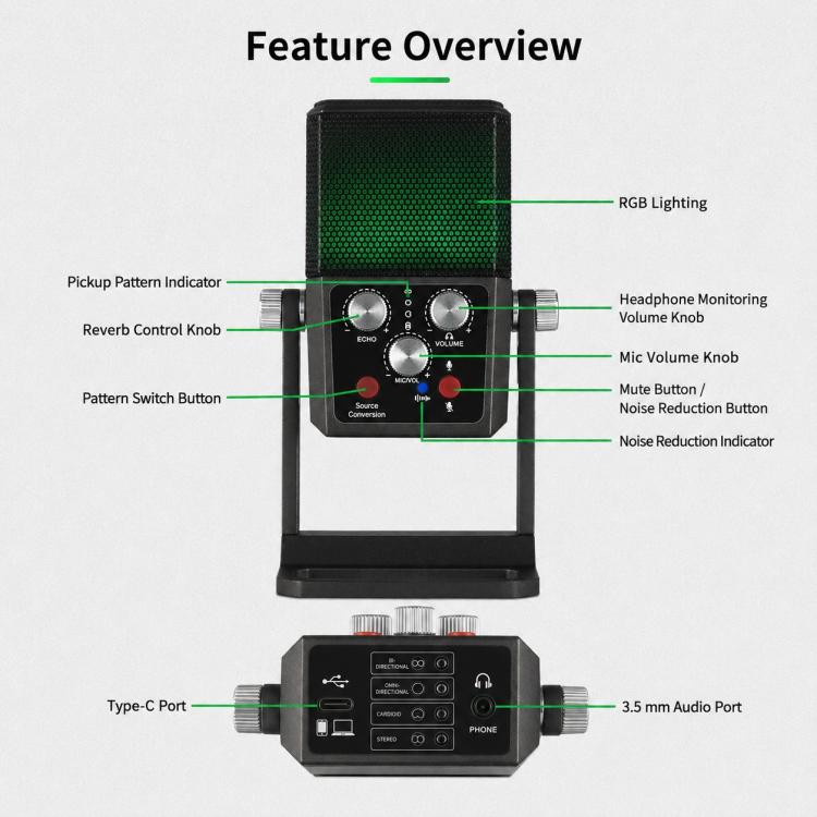 Microfono a condensatore ASMR multidirezionale BM-959PL per registrazioni.