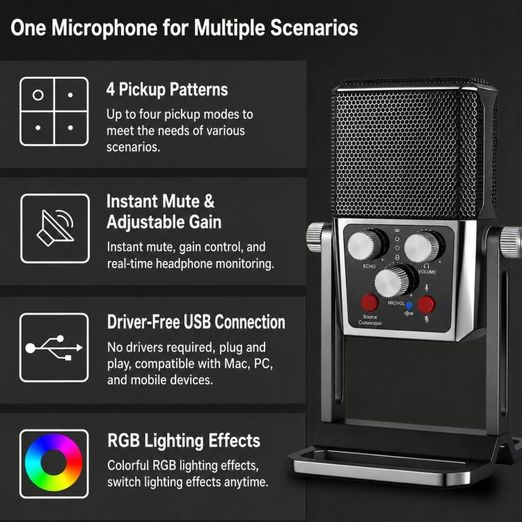 Microfono a condensatore ASMR multidirezionale BM-959PL per registrazioni.