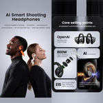 Cuffie intelligenti E12 con intelligenza artificiale, fotocamera HD da 8 MP, registrazione video e assistente vocale AI.