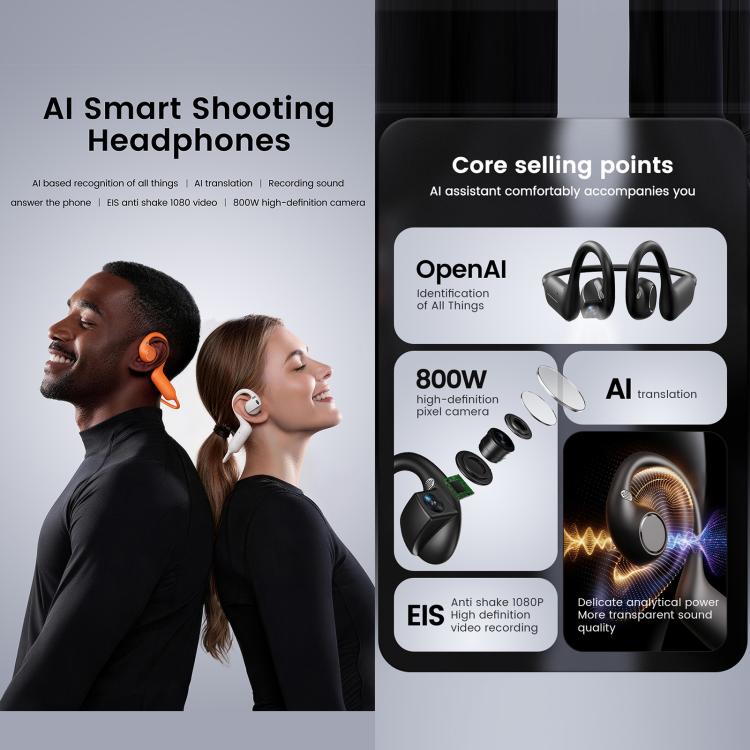 Cuffie intelligenti E12 con intelligenza artificiale, fotocamera HD da 8 MP, registrazione video e assistente vocale AI.