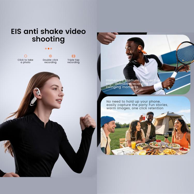 Cuffie intelligenti E12 con intelligenza artificiale, fotocamera HD da 8 MP, registrazione video e assistente vocale AI.