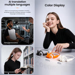 Cuffie intelligenti E12 con intelligenza artificiale, fotocamera HD da 8 MP, registrazione video e assistente vocale AI.