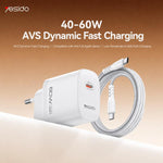 Caricabatterie rapido dinamico Yesido Type-C da 40-60 W AVS con cavo da Type-C a Type-C, EU Plug, UK Plug, US Plug