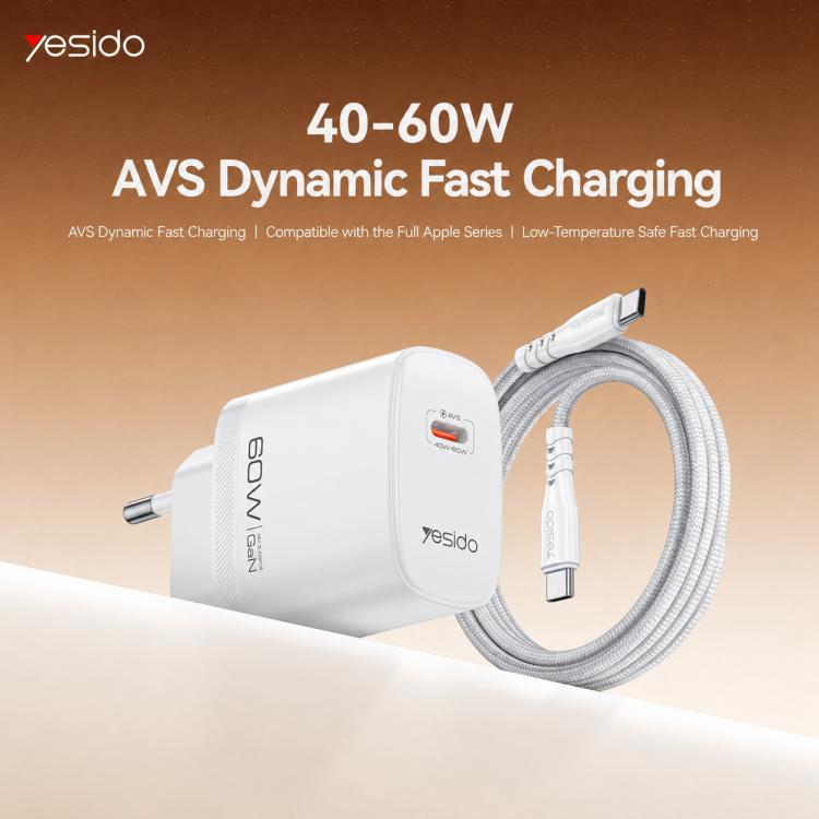 Caricabatterie rapido dinamico Yesido Type-C da 40-60 W AVS con cavo da Type-C a Type-C, EU Plug, UK Plug, US Plug