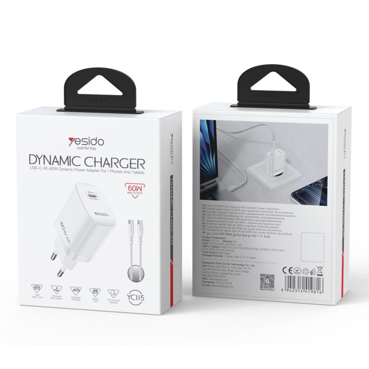 Caricabatterie rapido dinamico Yesido Type-C da 40-60 W AVS con cavo da Type-C a Type-C, EU Plug, UK Plug, US Plug