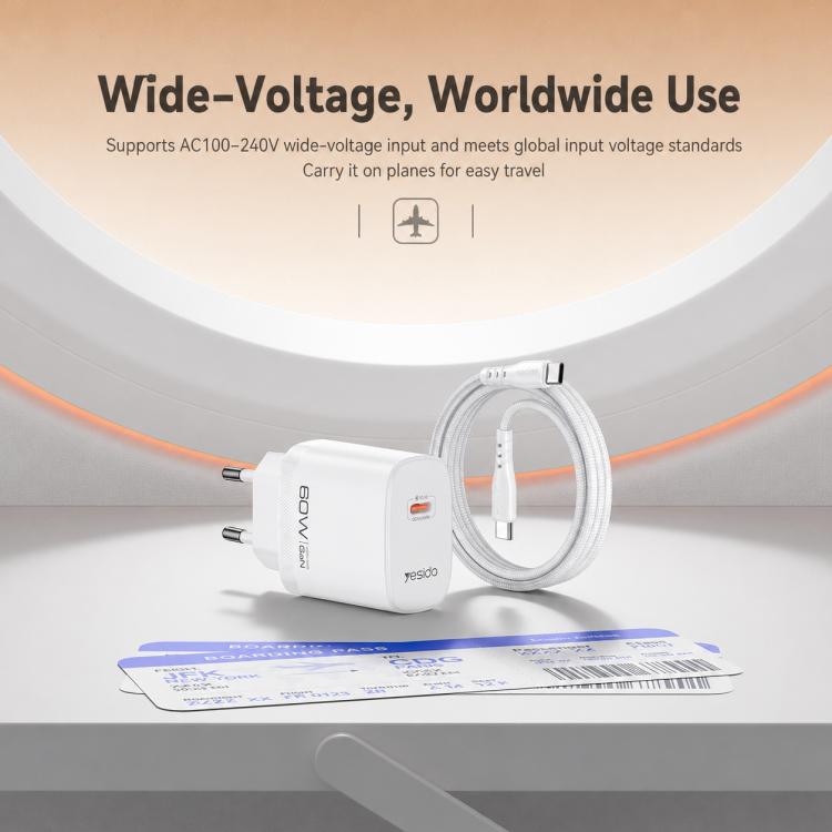 Caricabatterie rapido dinamico Yesido Type-C da 40-60 W AVS con cavo da Type-C a Type-C, EU Plug, UK Plug, US Plug