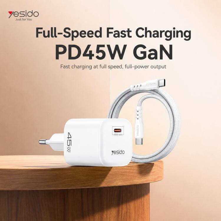 Caricabatterie rapido Yesido PD45W GaN Type-C con cavo da Type-C a Type-C, EU Plug, UK Plug, US Plug